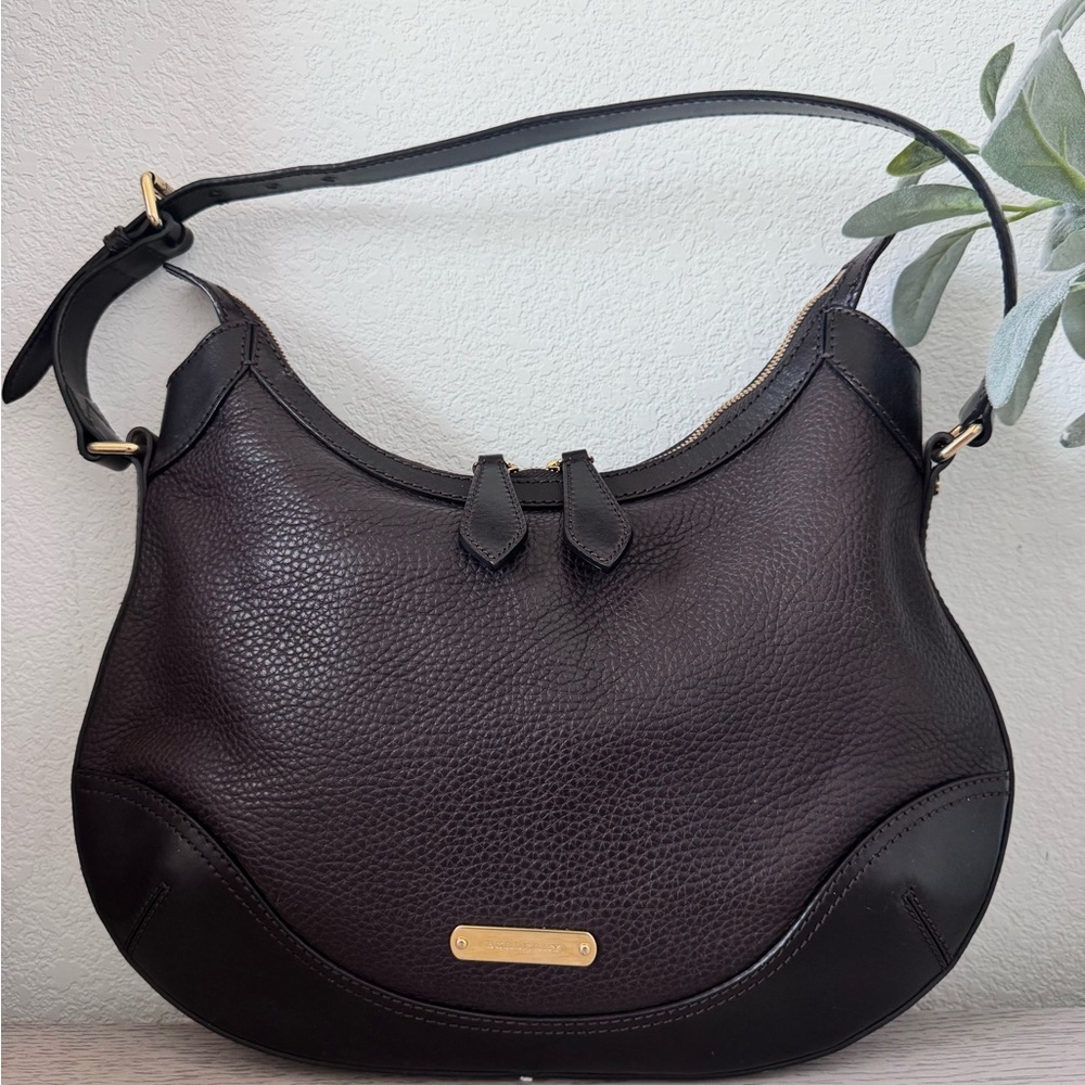 Authentic Burberry Black Pebbled Leather Hobo with Gold Hardware